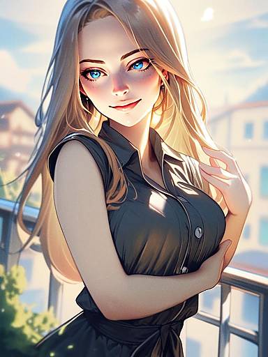 Anime Style Portrait of Blonde Woman with Blue Eyes on Balcony