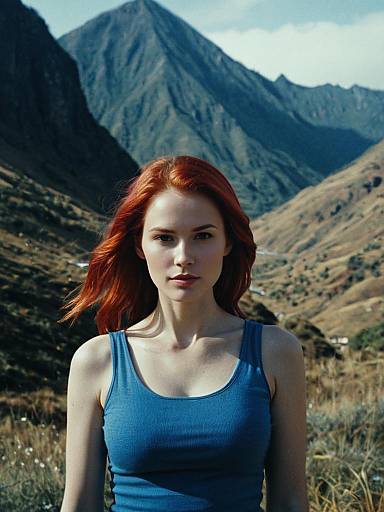 Portrait of a Woman with Red Hair in Blue Top Against Mountain Landscape