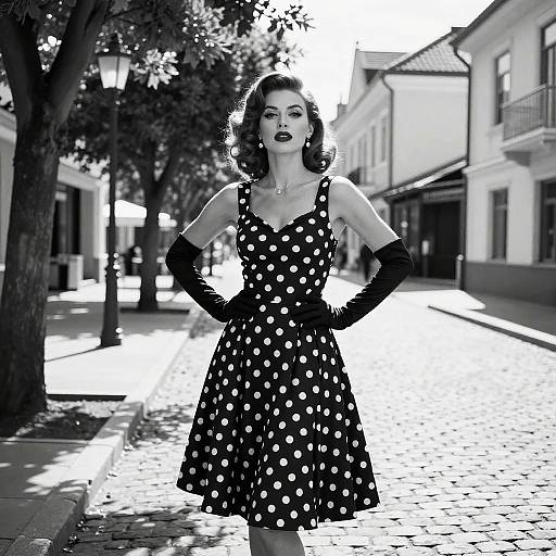 Vintage 1950s Style Woman in Polka Dot Dress on Cobblestone Street