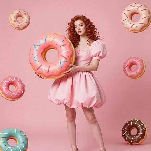 Redhead Woman in Pink Dress Holding Large Donut Surrounded by Floating Colorful Donuts