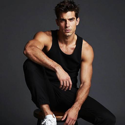 Confident Muscular Man in Black Tank Top Sitting on Stool