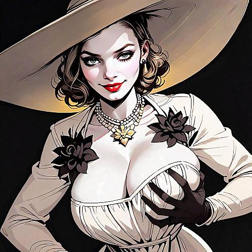 Stylish Woman in Wide-Brimmed Hat and White Dress Digital Artwork