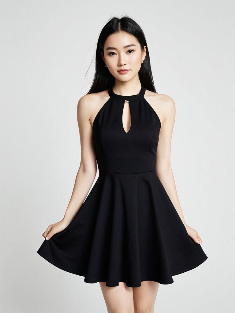 Woman in Modern Minimalist Black Halter Neck Skater Dress Sleeveless