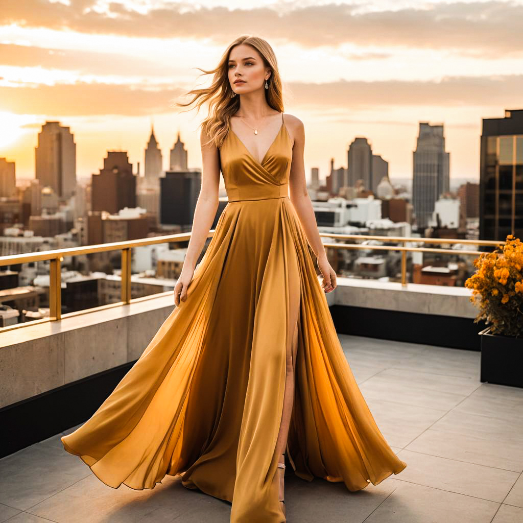 Elegant Woman in Gold Gown at Sunset on Rooftop