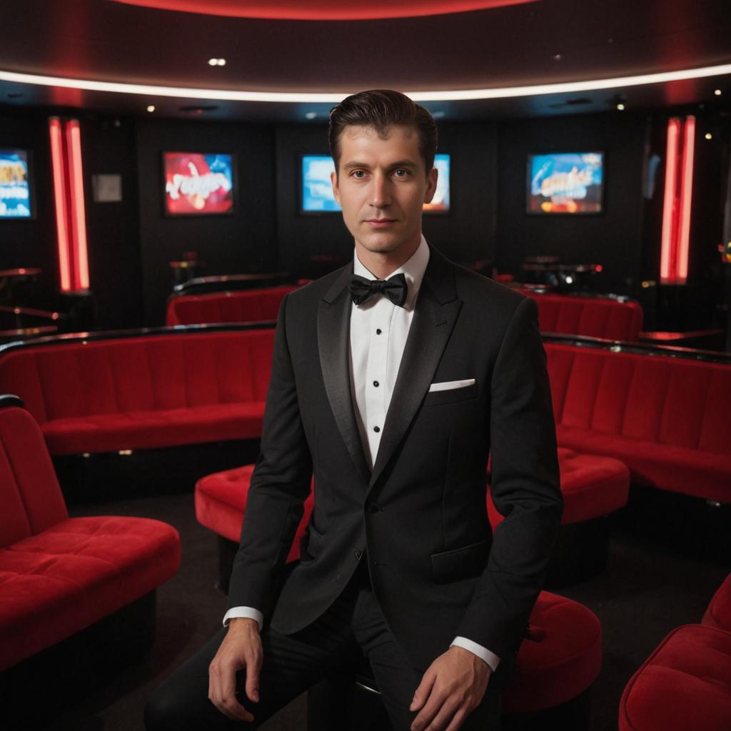 Elegant Man in Black Tuxedo in Plush Theater