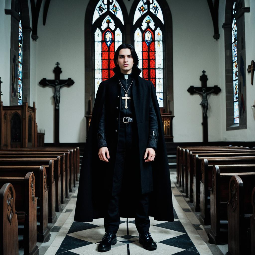 Young Man in Vlad Dracula Costume Standing in Gothic Church Interior