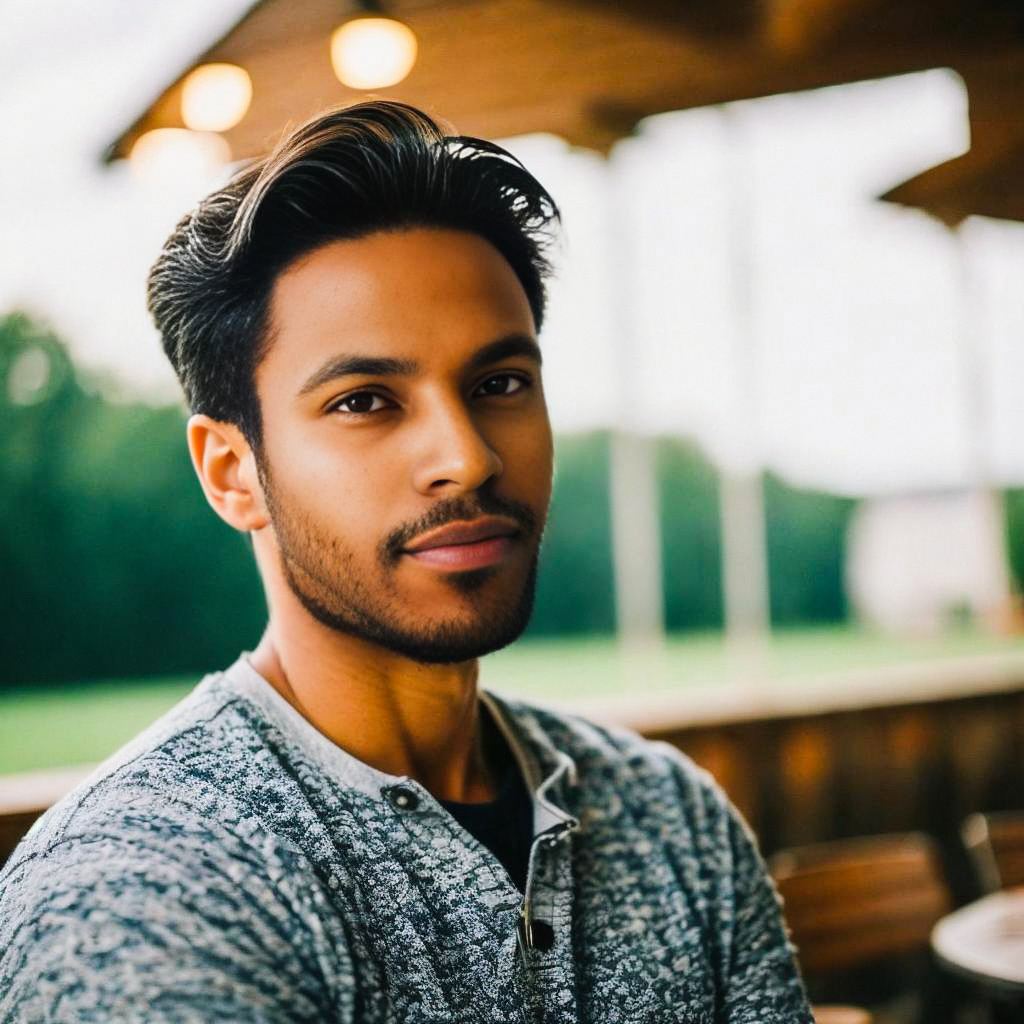 Young man in patterned henley shirt on patio