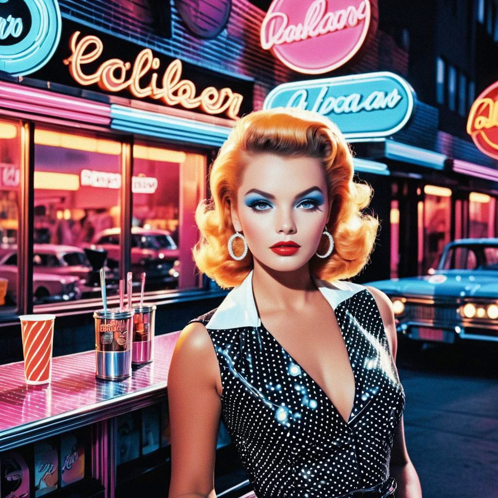 Glamorous Retro Woman in Neon Diner