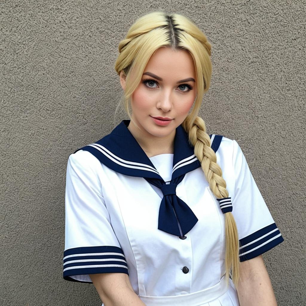Young Woman in Classic Sailor-Style Uniform with Blonde Braided Hair