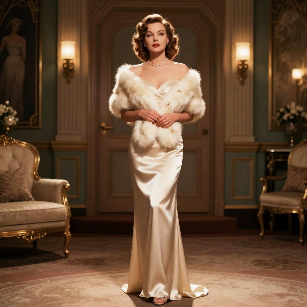 Elegant Woman in Vintage Satin Gown and Fur Stole in Luxurious Interior