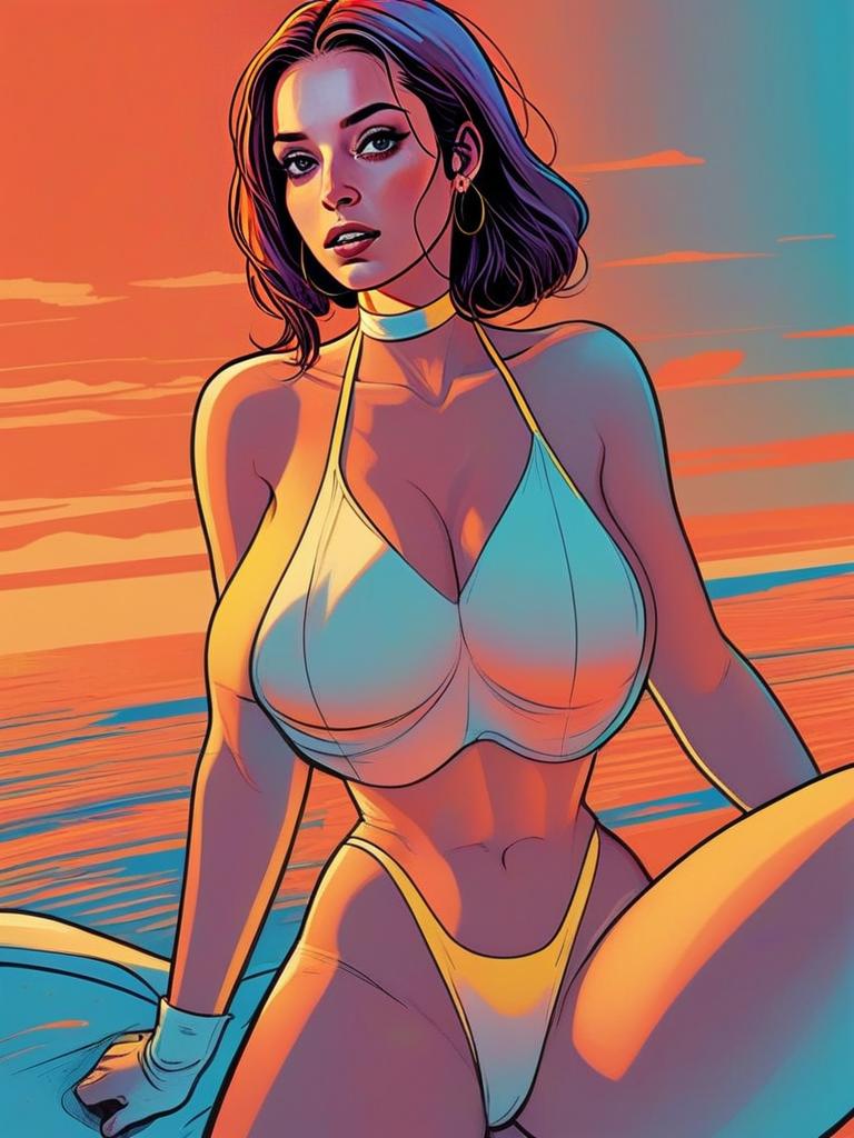 Woman in Yellow Bikini by Water at Sunset Woman in Yellow Bikini by Water at Sunset