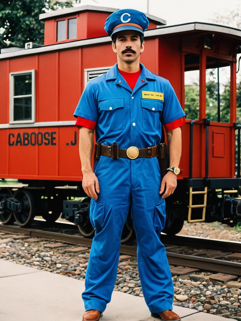 Man in Realistic Michael J. Caboose Costume Standing by Red Caboose Train