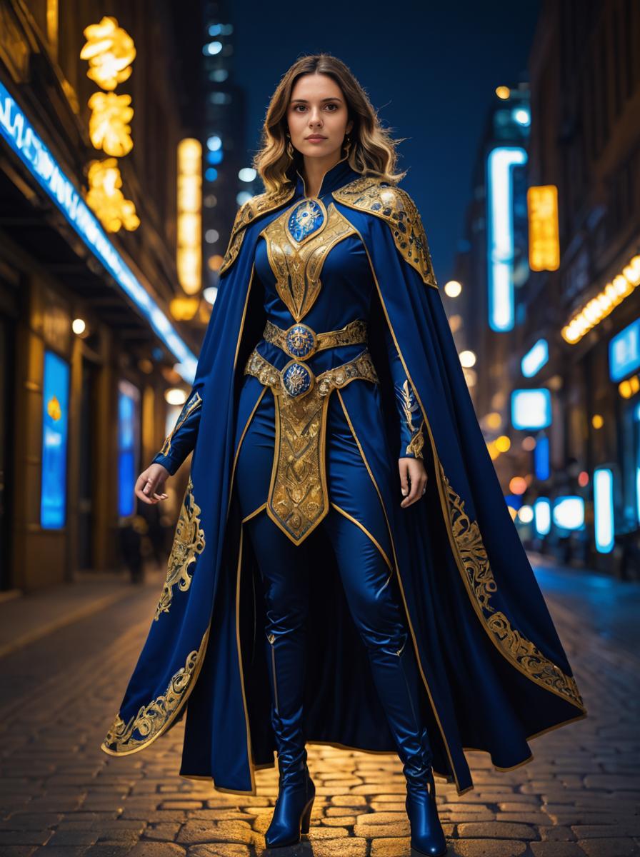 Confident Woman in Blue and Gold Fantasy Costume