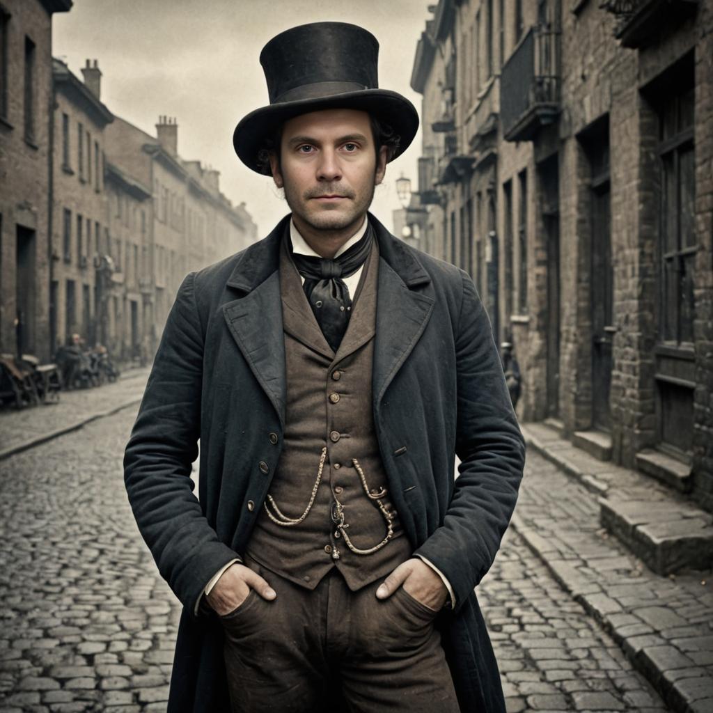 Vintage man in top hat on cobblestone street