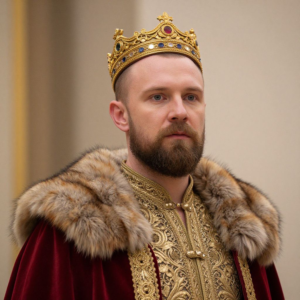 Regal Man Wearing Ornate Medieval Crown and Fur-Trimmed Robe