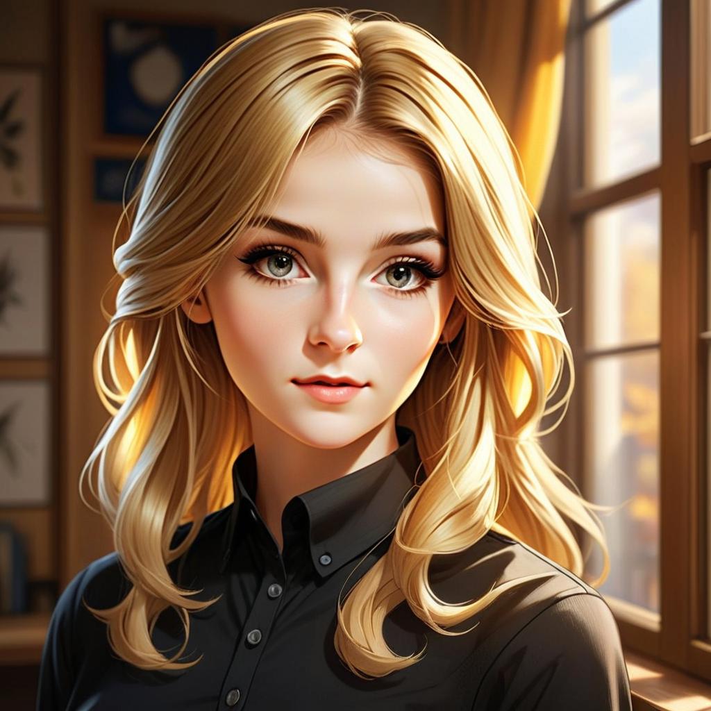 Hyper-Realistic Digital Portrait of Blonde Woman in Softly Lit Interior