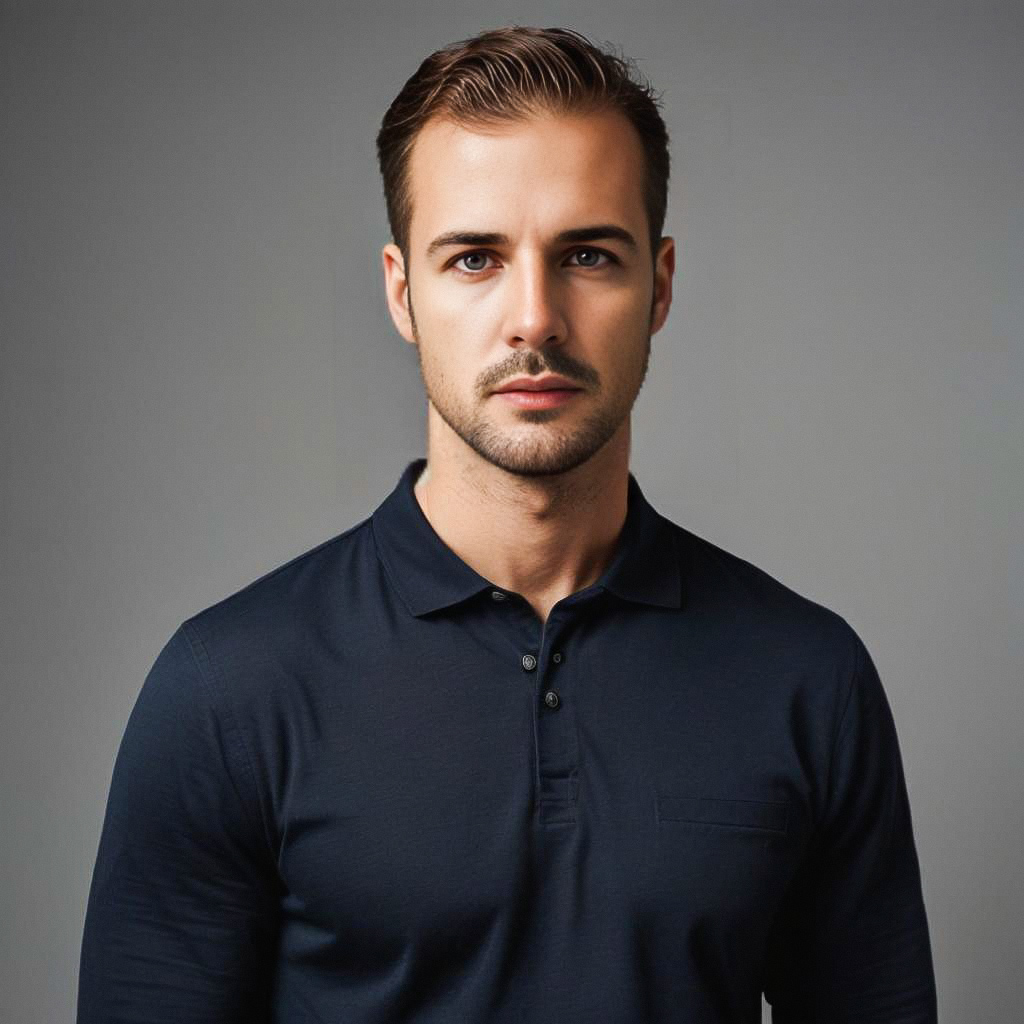 Confident Young Man in Dark Polo Shirt