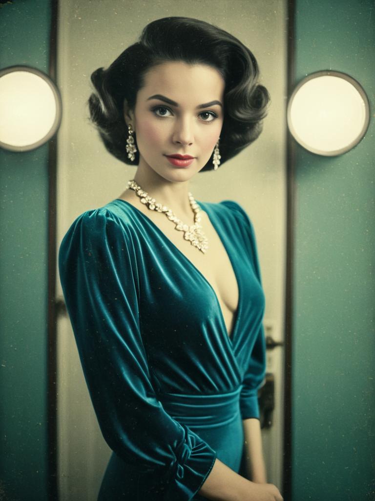 Chic Woman in Teal Velvet Bodysuit with Deep V-Neckline and Vintage Glamour
