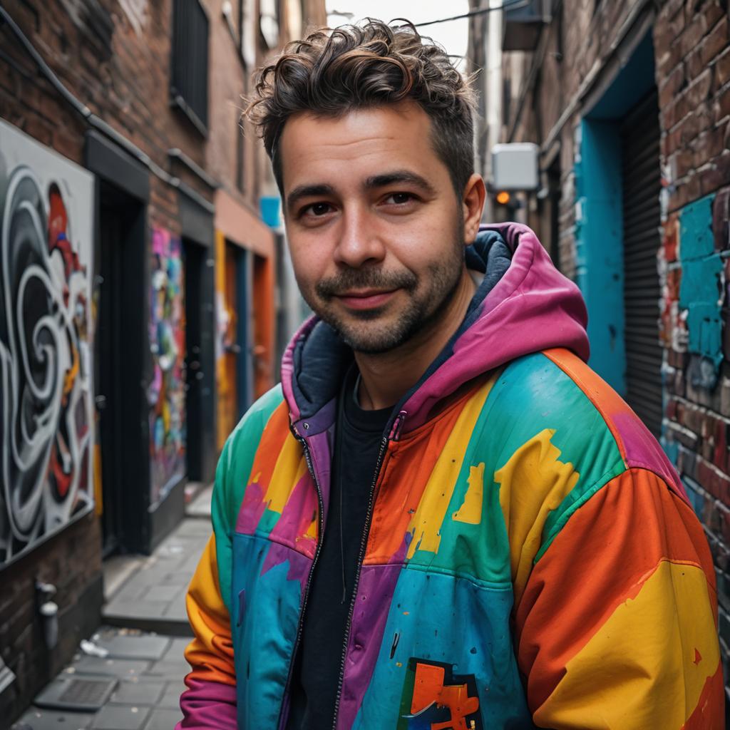 Confident Young Man in Colorful Urban Alley