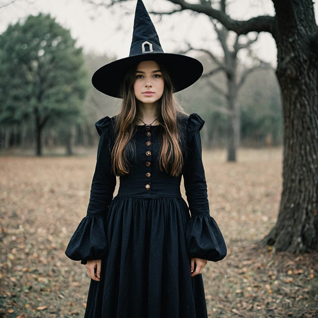 Young Woman in Vintage Black Dress and Witch Hat in Forest