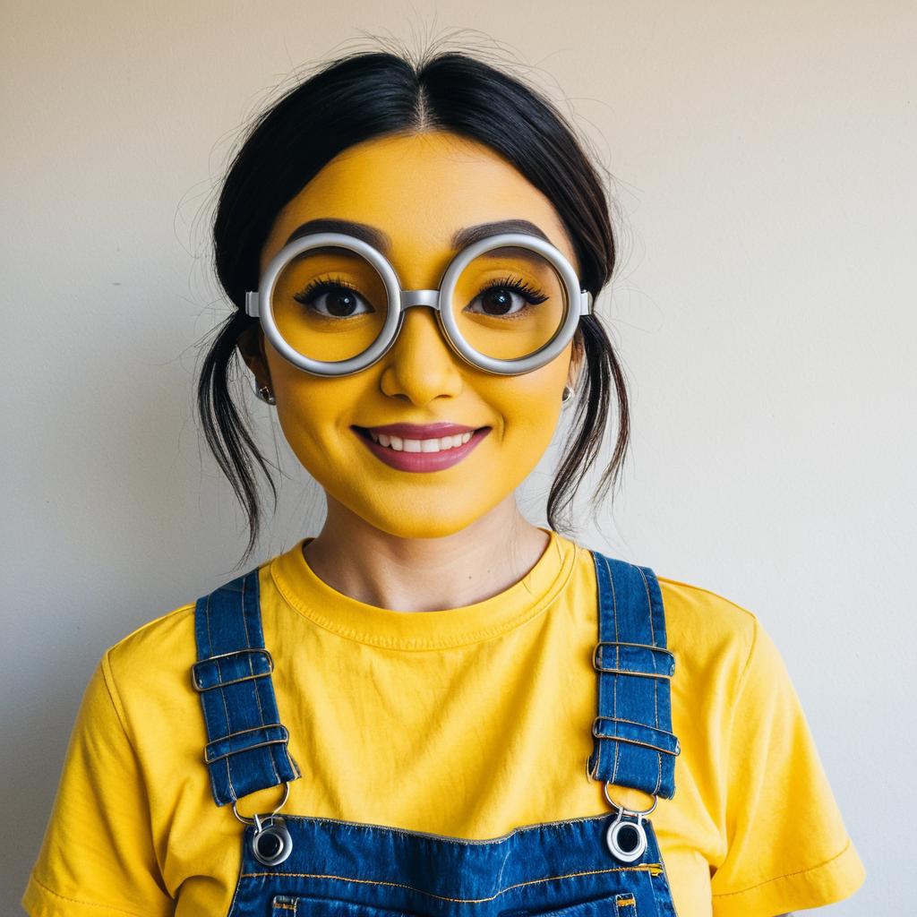 Portrait of Woman in Yellow and Denim Overalls with Oversized Round Glasses