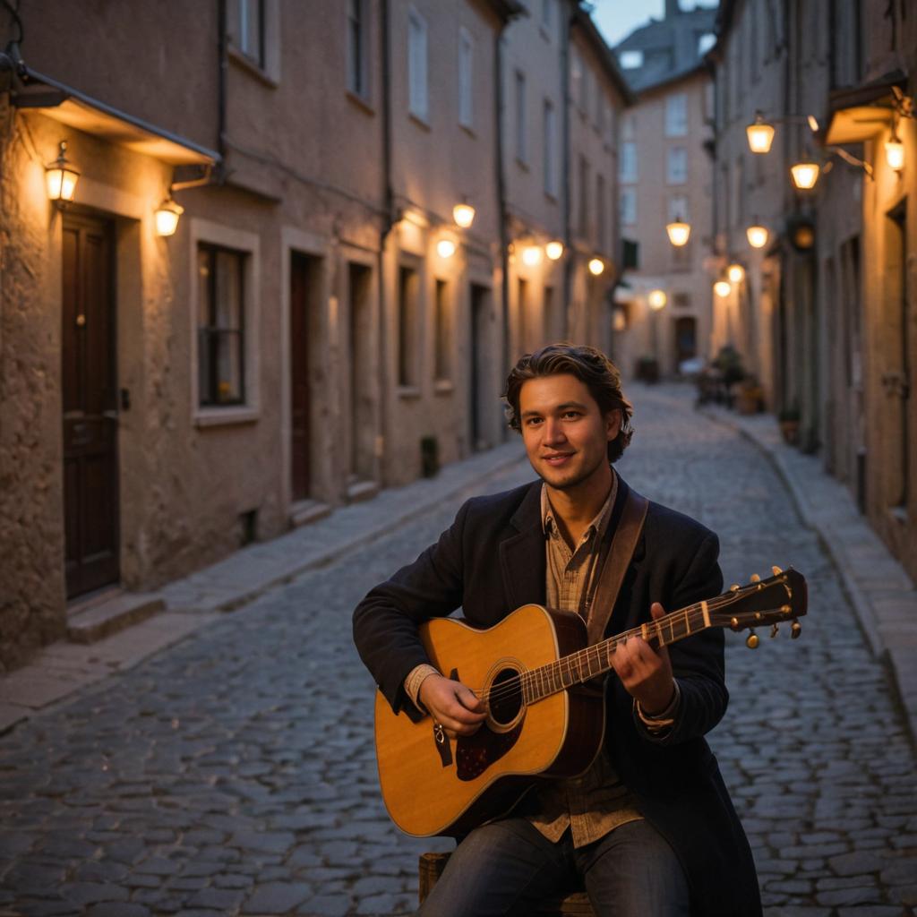 Man Playing Acoustic Guitar on Cobblestone Street