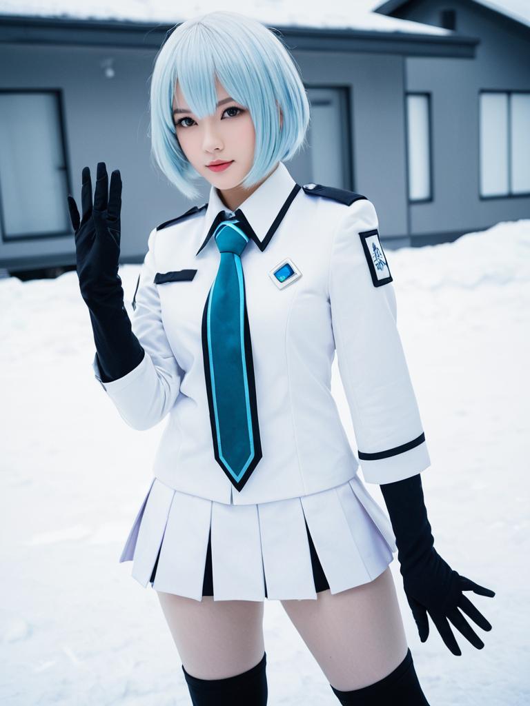 Antarcticite Cosplay Woman in White Uniform with Blue Hair in Snow