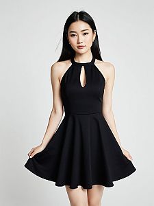 Woman in Modern Minimalist Black Halter Neck Skater Dress Sleeveless