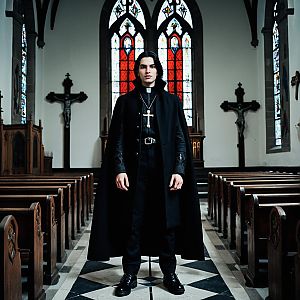 Young Man in Vlad Dracula Costume Standing in Gothic Church Interior