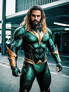 Realistic Aquaman Cosplay Costume Worn by Man in Urban Setting