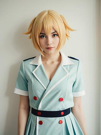 Realistic Mika Jougasaki Cosplay Woman in Light Blue Uniform Costume