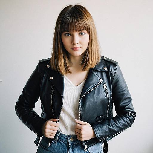 Young Woman Wearing Black Leather Jacket with Casual White Top and Blue Jeans