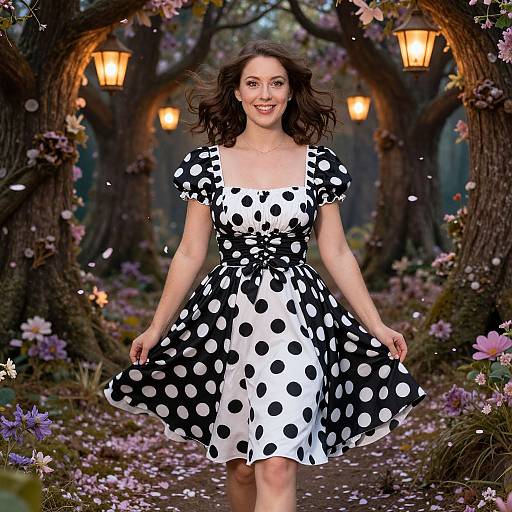 Young Woman in Polka Dot Dress Walking Through Enchanted Forest Pathway