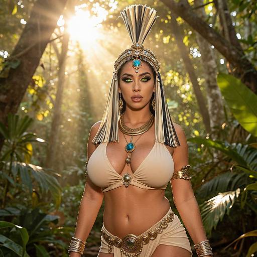 Ancient Egyptian Inspired Woman in Forest with Sun Rays