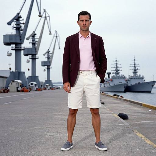 Man in Stylish Blazer and Shorts at Industrial Port with Naval Ships