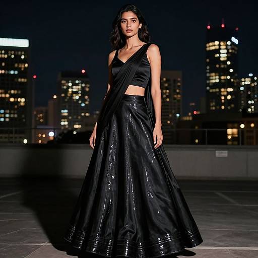 Modern Black Satin Lehenga Evening Wear on Rooftop