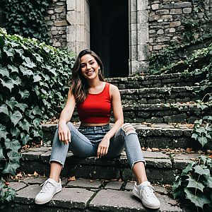 Cheerful woman on stone steps in greenery