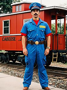 Man in Realistic Michael J. Caboose Costume Standing by Red Caboose Train