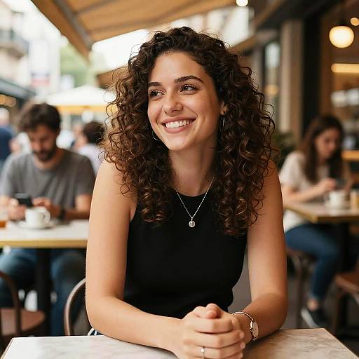 Smiling Young Woman with Curly Hair Sitting at a Cafe Table