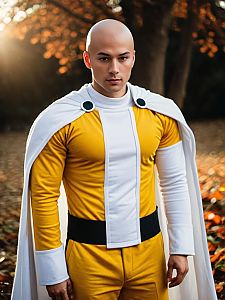 Realistic Man Cosplay Wearing Saitama Costume from One Punch Man