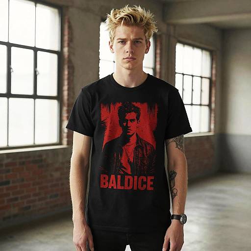 Young Man Wearing Black BALDICE Graphic T-Shirt in Industrial Loft