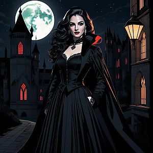 Gothic Woman in Elegant Black Gown at Dark Castle