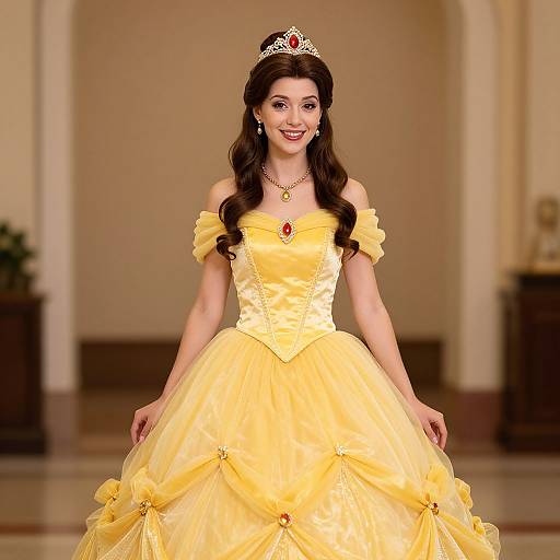 Young Woman in Yellow Princess Ball Gown with Tiara
