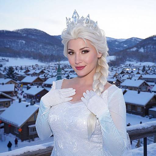Winter Princess Woman in White Gown and Crown in Snowy Village