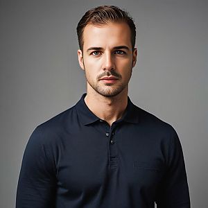 Confident Young Man in Dark Polo Shirt