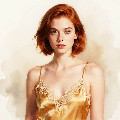 Portrait of Red-Haired Woman in Golden Lace Satin Camisole