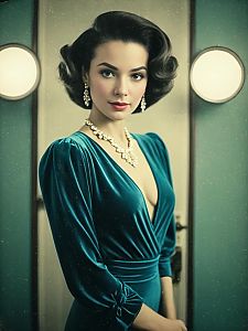 Chic Woman in Teal Velvet Bodysuit with Deep V-Neckline and Vintage Glamour