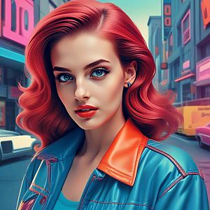 Confident Woman with Red Hair in Neon Urban Setting