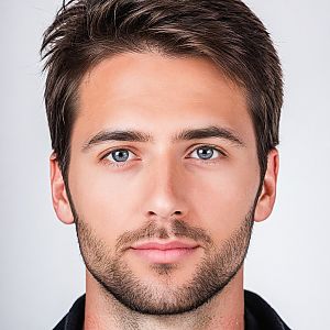 Close-up portrait of a young man with blue eyes