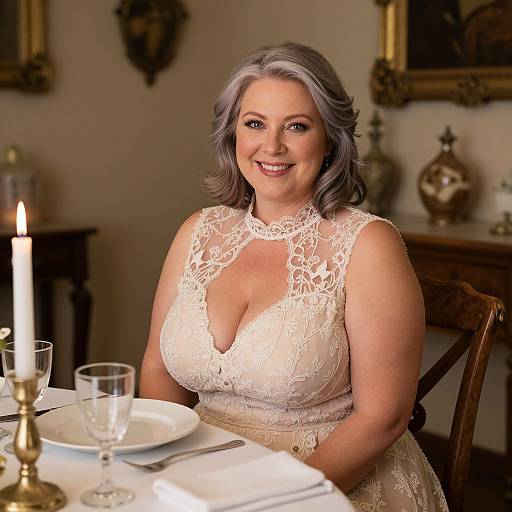 Elegant Middle-Aged Woman in Lace Dress at Classic Dining Table